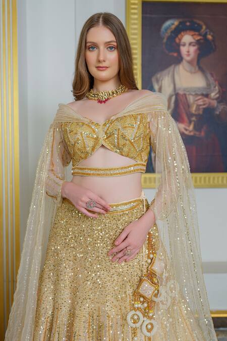 Tamaraa By Tahani_Gold Taffeta Tulle Hand Embroidered Sequin Sweetheart Neck Lehenga And Blouse Set _Online_at_Aza_Fashions