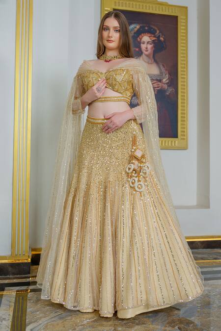 Buy_Tamaraa By Tahani_Gold Taffeta Tulle Hand Embroidered Sequin Sweetheart Neck Lehenga And Blouse Set _Online_at_Aza_Fashions
