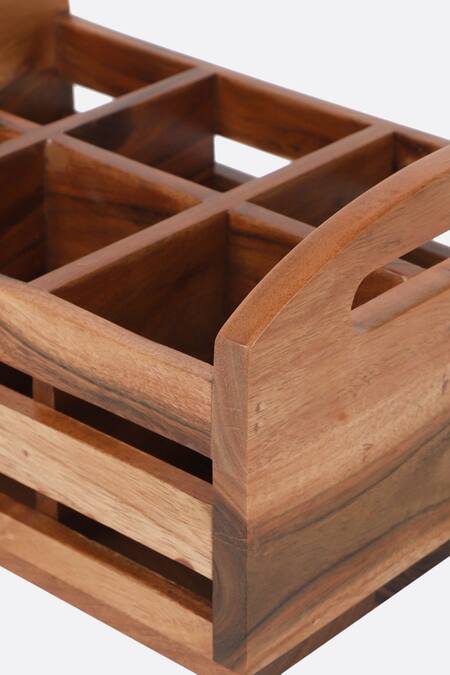 Buy Brick Brown Brown Wood Two In One Flatware Organizer And Tea Glass Holder Buy_Brick Brown_Brown Wood Two In One Flatware Organizer And Tea Glass Holder