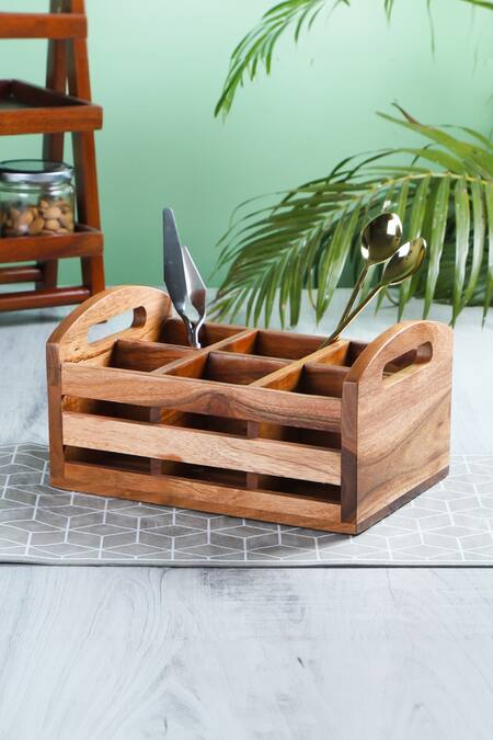 Shop Brick Brown Brown Wood Two In One Flatware Organizer And Tea Glass Holder Shop_Brick Brown_Brown Wood Two In One Flatware Organizer And Tea Glass Holder