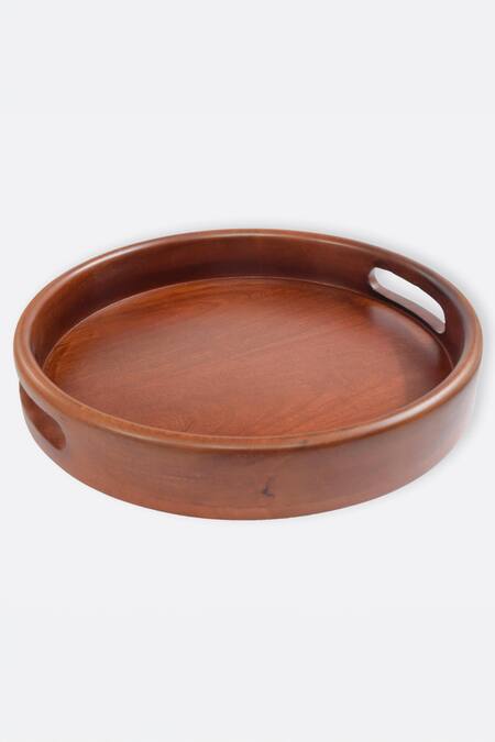 Buy_Brick Brown_Brown Wood Classic Round Serving Tray_Online_at_Aza_Fashions