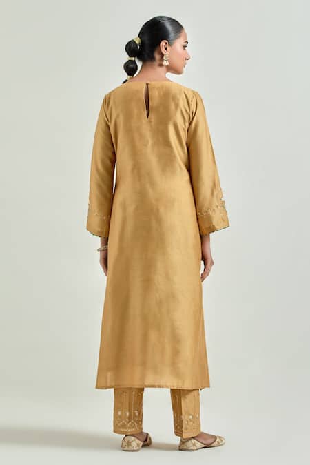 Shop_Anantaa By Roohi_Yellow Silk, Chanderi Embroidery, Sequins, Gota Patti Boat Neck Kurta Pant Set _at_Aza_Fashions