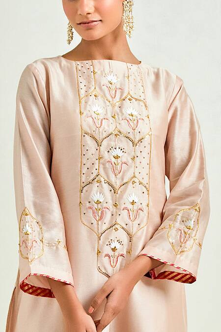 Shop Anantaa By Roohi Pink Silk, Chanderi Embroidery, Sequins Boat Neck Kurta And Pant Set Online at Aza Fashions Shop_Anantaa By Roohi_Pink Silk, Chanderi Embroidery, Sequins Boat Neck Kurta And Pant Set _Online_at_Aza_Fashions