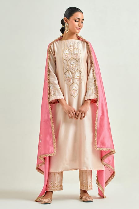 Anantaa by Roohi Pink Silk Chanderi Embroidered Sequins Boat Kurta Pant Set 