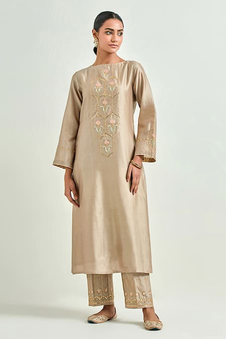Anantaa By Roohi Brown Silk, Chanderi Embroidery, Sequins Boat Neck Flower Kurta And Pant Set