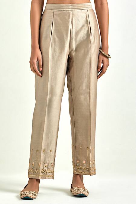 Anantaa By Roohi Brown Silk, Chanderi Embroidery, Sequins Boat Neck Flower Kurta And Pant Set Online at Aza Fashions Anantaa By Roohi_Brown Silk, Chanderi Embroidery, Sequins Boat Neck Flower Kurta And Pant Set _Online_at_Aza_Fashions