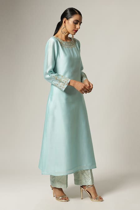 Buy_Anantaa By Roohi_Blue Silk, Chanderi Embroidery Round Neck Full Sleeve Kurta Set _Online_at_Aza_Fashions