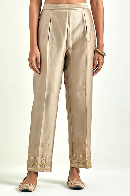 Anantaa By Roohi Brown Silk, Chanderi Sequins, Embroidery, Gota Patti Boat Flower Kurta Pant Set Online at Aza Fashions Anantaa By Roohi_Brown Silk, Chanderi Sequins, Embroidery, Gota Patti Boat Flower Kurta Pant Set _Online_at_Aza_Fashions