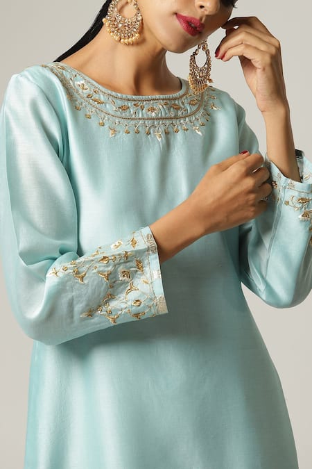 Shop_Anantaa By Roohi_Blue Silk, Chanderi Embroidery Round Neck Full Sleeve Kurta Set _Online_at_Aza_Fashions