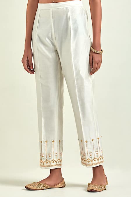 Anantaa By Roohi Off White Silk, Chanderi Sequins, Gota Patti, Flower Kurta And Pant Set Online at Aza Fashions Anantaa By Roohi_Off White Silk, Chanderi Sequins, Gota Patti, Flower Kurta And Pant Set _Online_at_Aza_Fashions