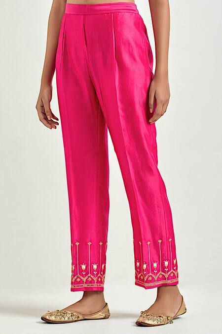 Anantaa By Roohi_Fuchsia Silk, Chanderi Sequins, Embroidery Round Neck Floret Kurta And Pant Set _Online_at_Aza_Fashions