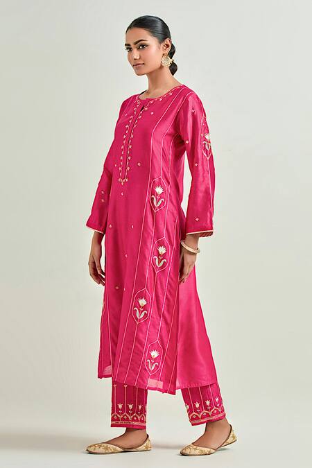 Shop_Anantaa By Roohi_Fuchsia Silk, Chanderi Sequins, Embroidery Round Neck Floret Kurta And Pant Set _Online_at_Aza_Fashions