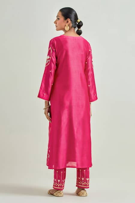 Shop_Anantaa By Roohi_Fuchsia Silk, Chanderi Embroidery, Sequins, Gota Patti Floret Kurta Pant Set _at_Aza_Fashions