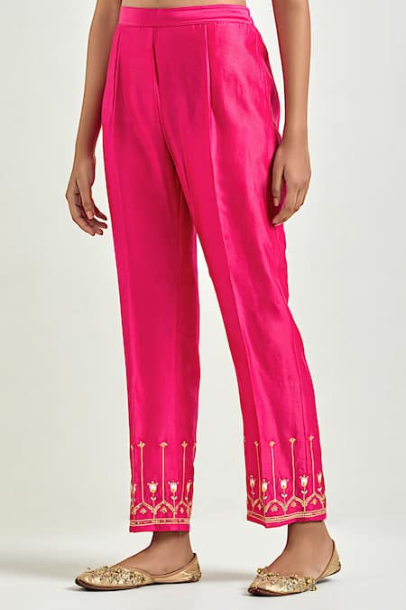 Anantaa By Roohi_Fuchsia Silk, Chanderi Embroidery, Sequins, Gota Patti Floret Kurta Pant Set _Online_at_Aza_Fashions