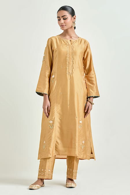 Anantaa By Roohi Yellow Silk, Chanderi Sequins, Gota Patti, Floral Bloom Kurta And Pant Set