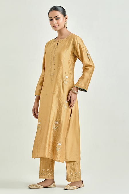 Shop_Anantaa By Roohi_Yellow Silk, Chanderi Sequins, Gota Patti, Floral Bloom Kurta And Pant Set _Online_at_Aza_Fashions