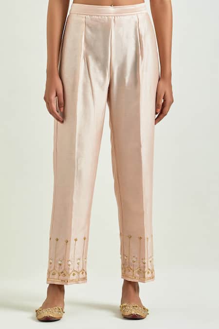 Shop_Anantaa By Roohi_Pink Silk, Chanderi Sequins, Embroidery, Gota Patti Flower Bloom Kurta Pant Set 