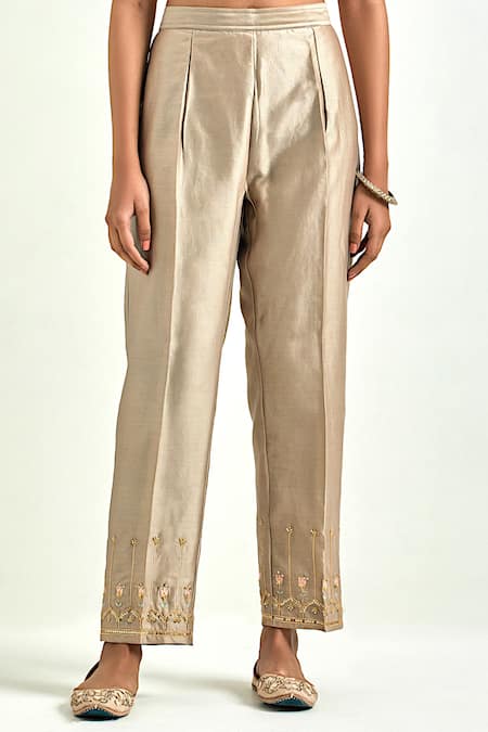 Anantaa By Roohi_Brown Silk, Chanderi Sequins, Embroidery Round Neck Straight Kurta Set _Online_at_Aza_Fashions