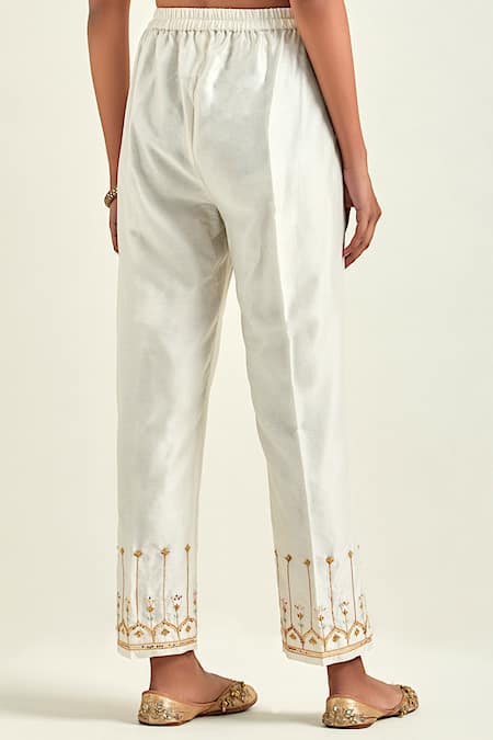 Buy_Anantaa By Roohi_Off White Silk, Chanderi Sequins, Embroidery Round Neck Straight Kurta Pant Set _Online_at_Aza_Fashions