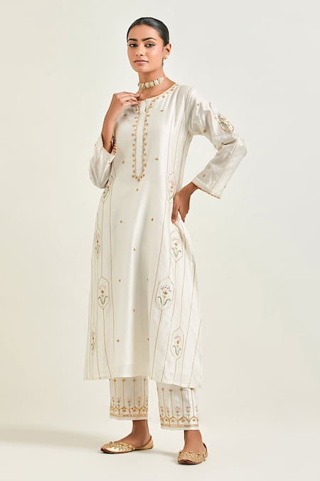 Shop_Anantaa By Roohi_Off White Silk, Chanderi Sequins, Embroidery Round Neck Straight Kurta Pant Set _Online_at_Aza_Fashions