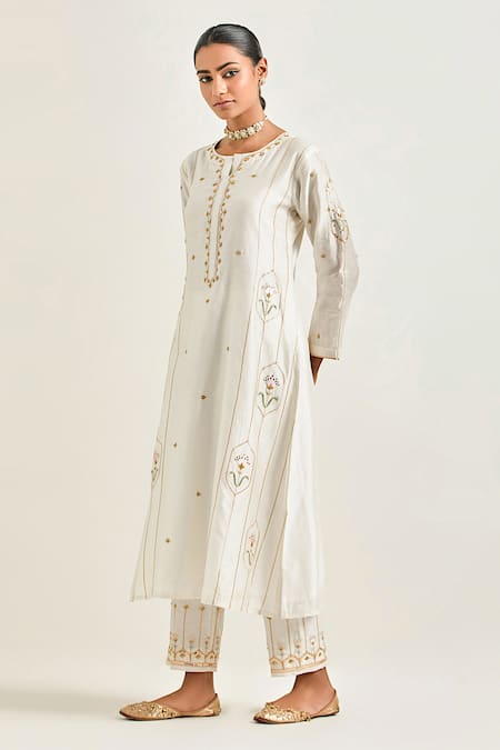Shop_Anantaa By Roohi_Off White Silk, Chanderi Sequins, Embroidery Round Neck Straight Kurta Pant Set 