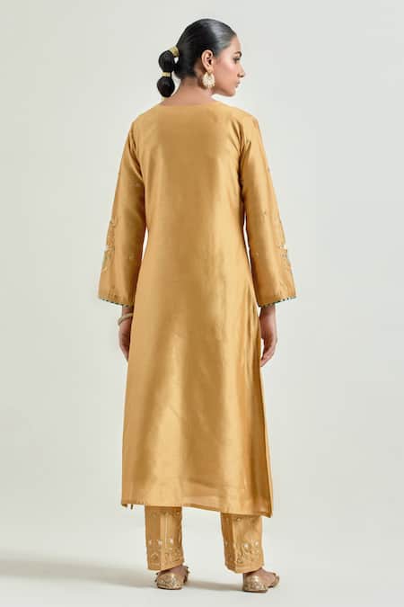 Shop Anantaa By Roohi Yellow Silk, Chanderi Sequins, Embroidery, Gota Scattered Floret Kurta Pant Set at Aza Fashions Shop_Anantaa By Roohi_Yellow Silk, Chanderi Sequins, Embroidery, Gota Scattered Floret Kurta Pant Set _at_Aza_Fashions