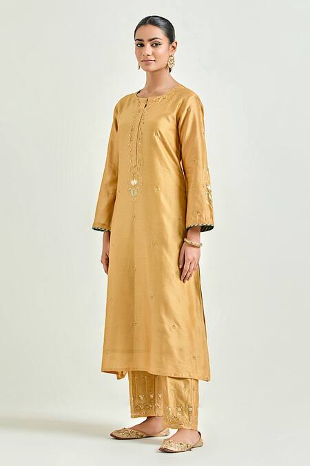 Shop Anantaa By Roohi Yellow Silk, Chanderi Sequins, Embroidery, Gota Scattered Floret Kurta Pant Set Online at Aza Fashions Shop_Anantaa By Roohi_Yellow Silk, Chanderi Sequins, Embroidery, Gota Scattered Floret Kurta Pant Set _Online_at_Aza_Fashions