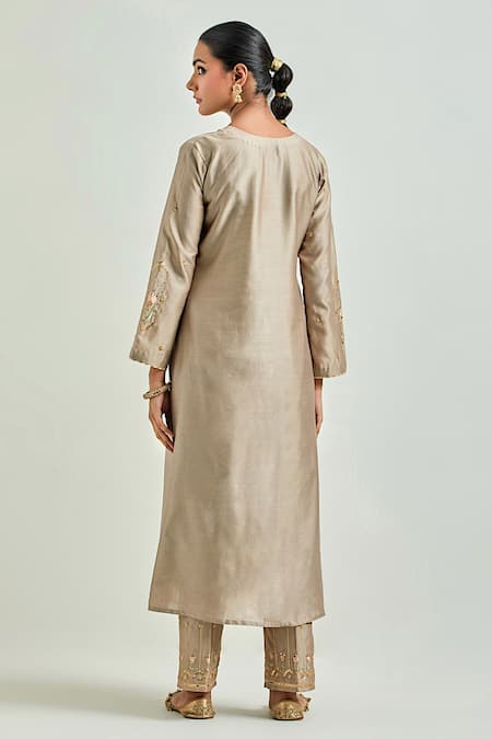 Shop Anantaa By Roohi Brown Silk, Chanderi Sequins, Embroidery, Gota Patti Round Hand Kurta Pant Set at Aza Fashions Shop_Anantaa By Roohi_Brown Silk, Chanderi Sequins, Embroidery, Gota Patti Round Hand Kurta Pant Set _at_Aza_Fashions