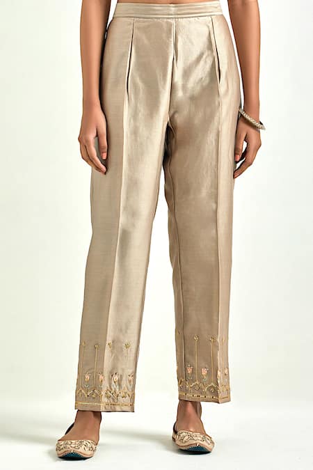 Anantaa By Roohi Brown Silk, Chanderi Sequins, Embroidery, Gota Patti Round Hand Kurta Pant Set Online at Aza Fashions Anantaa By Roohi_Brown Silk, Chanderi Sequins, Embroidery, Gota Patti Round Hand Kurta Pant Set _Online_at_Aza_Fashions