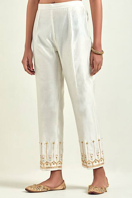 Anantaa By Roohi_Off White Silk, Chanderi Sequins, Gota Patti, Floral Hand Kurta And Pant Set _Online_at_Aza_Fashions