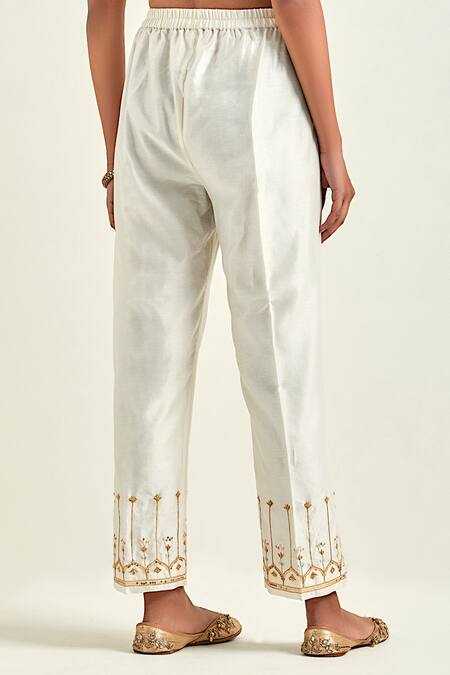 Buy_Anantaa By Roohi_Off White Silk, Chanderi Sequins, Gota Patti, Floral Hand Kurta And Pant Set _Online_at_Aza_Fashions