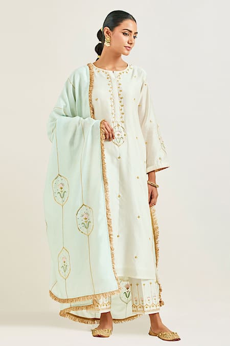 Anantaa By Roohi Off White Silk, Chanderi Sequins, Gota Patti, Embroidery Floral Hand Kurta Set
