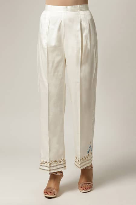 Buy_Anantaa By Roohi_Blue Silk, Chanderi Embroidery Split V-neck Kurta Pant Set 