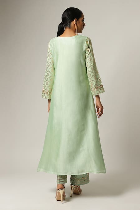 Shop_Anantaa By Roohi_Green Silk, Chanderi Embroidery Split V-neck Notched Kurta Pant Set _at_Aza_Fashions