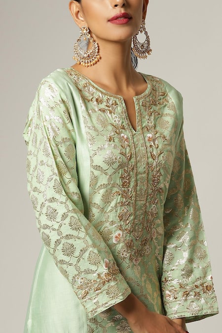 Shop_Anantaa By Roohi_Green Silk, Chanderi Embroidery Split V-neck Notched Kurta Pant Set _Online_at_Aza_Fashions