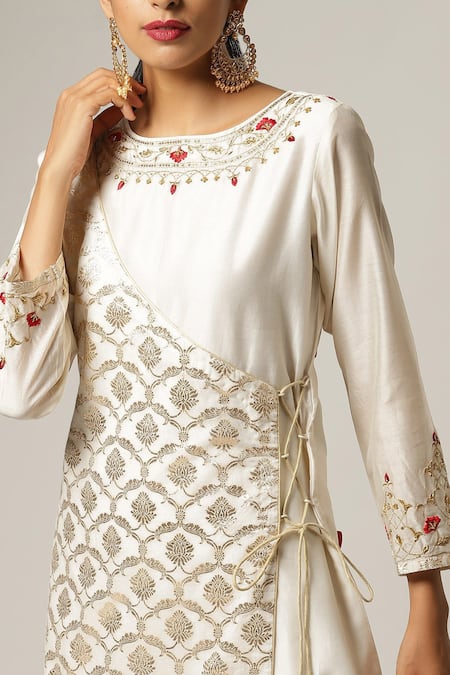 Shop_Anantaa By Roohi_Off White Silk, Chanderi Embroidery Round Neck Overlap Kurta Pant Set _Online_at_Aza_Fashions