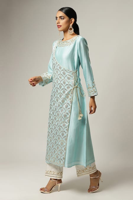Anantaa By Roohi_Blue Silk, Chanderi Embroidery Round Neck Overlap Kurta Set _Online_at_Aza_Fashions