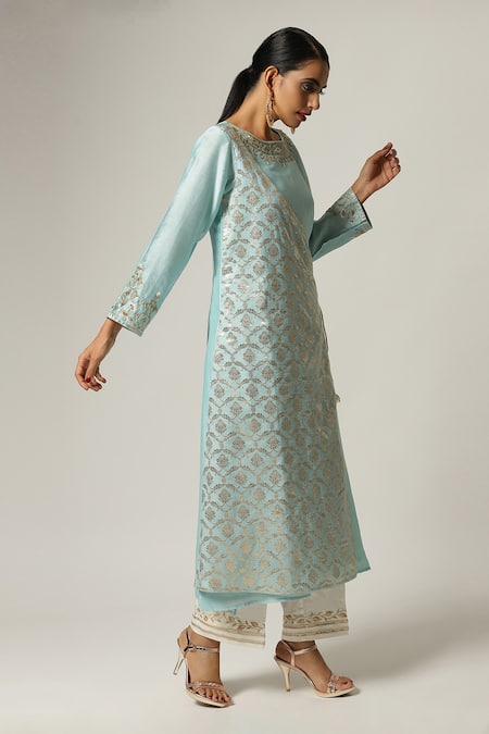 Buy_Anantaa By Roohi_Blue Silk, Chanderi Embroidery Round Neck Overlap Kurta Set _Online_at_Aza_Fashions