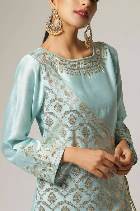 Shop_Anantaa By Roohi_Blue Silk, Chanderi Embroidery Round Neck Overlap Kurta Set _Online_at_Aza_Fashions