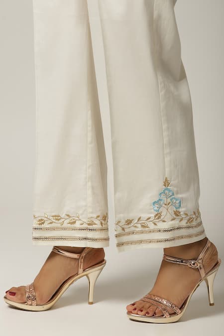 Buy_Anantaa By Roohi_Blue Silk, Chanderi Embroidery Round Neck Overlap Kurta Set 