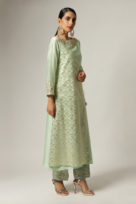 Buy_Anantaa By Roohi_Green Silk, Chanderi Embroidery Round Neck Overlap Kurta Pant Set _Online_at_Aza_Fashions