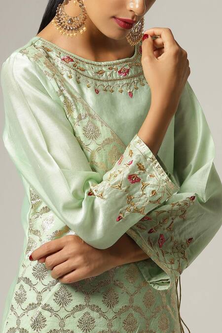 Shop_Anantaa By Roohi_Green Silk, Chanderi Embroidery Round Neck Overlap Kurta Pant Set _Online_at_Aza_Fashions