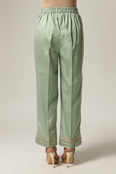 Shop Anantaa By Roohi Green Silk, Chanderi Embroidery Round Neck Overlap Kurta Pant Set Shop_Anantaa By Roohi_Green Silk, Chanderi Embroidery Round Neck Overlap Kurta Pant Set