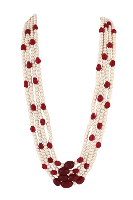 Riana Jewellery Red & White Beads & Pearls Long Necklace 
