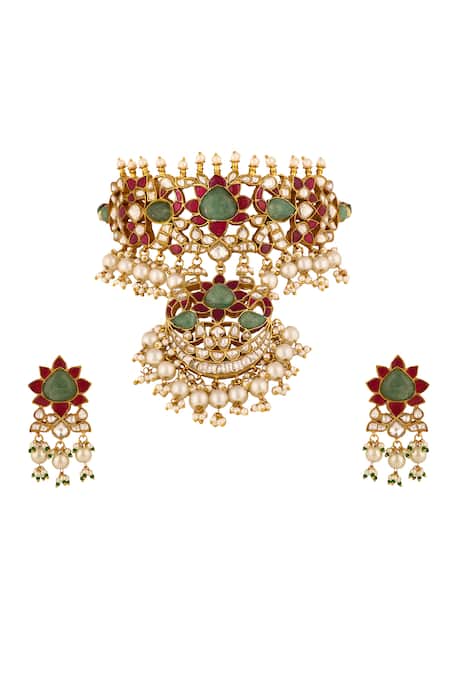 Riana Jewellery Green Diamonds, Pearls, Stones Floral Jadau Necklace And Earring Set 