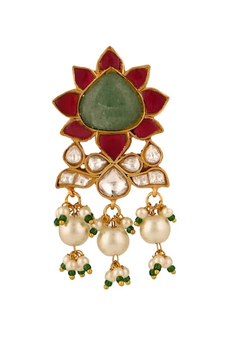 Riana Jewellery_Green Diamonds, Pearls, Stones Floral Jadau Necklace And Earring Set _Online_at_Aza_Fashions