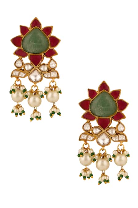 Buy_Riana Jewellery_Green Diamonds, Pearls, Stones Floral Jadau Necklace And Earring Set _Online_at_Aza_Fashions