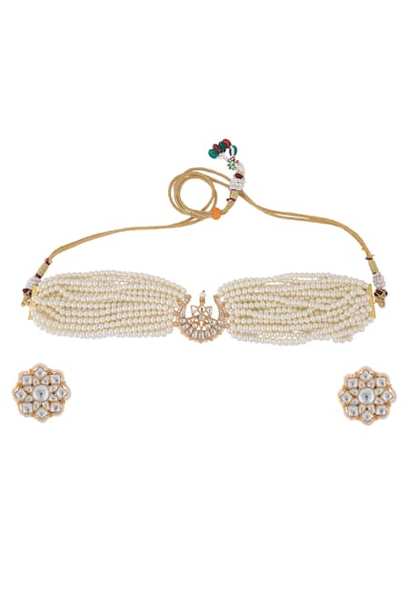 Shop Riana Jewellery White Beads, Pearls Floral Jadtar Stones And Necklace Set at Aza Fashions Shop_Riana Jewellery_White Beads, Pearls Floral Jadtar Stones And Necklace Set _at_Aza_Fashions