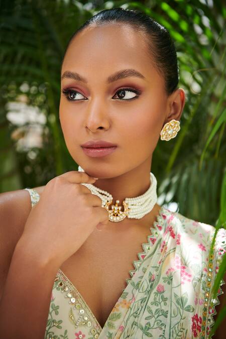 Buy Riana Jewellery White Beads, Pearls Floral Jadtar Stones And Necklace Set Online at Aza Fashions Buy_Riana Jewellery_White Beads, Pearls Floral Jadtar Stones And Necklace Set _Online_at_Aza_Fashions