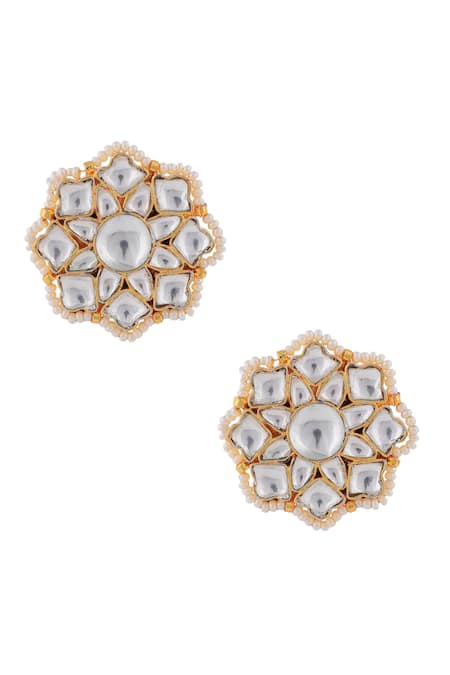 Buy Riana Jewellery White Beads, Pearls Floral Jadtar Stones And Necklace Set Buy_Riana Jewellery_White Beads, Pearls Floral Jadtar Stones And Necklace Set